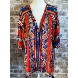 Democracy Multicolored V-Neck 3/4 Sleeve Relaxed Blouse. Size 1X.